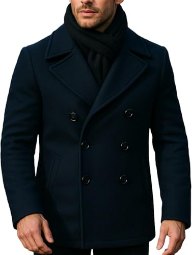 MERCH ATTIRE - Cappotto da uomo a doppio petto, nero e blu navy, in lana, lunghezza a tre quarti, stile casual, XXL