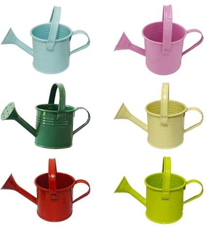 jiingekk Juego de macetas de riego coloridas de acero galvanizado, diseño compacto, mango reforzado y control de flujo de precisión (6 piezas) regadera de metal para flores