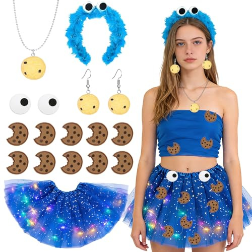 Cookie Monster Kostüm Damen Mädchen,Krümelmonster Kostüm,Tüll Rock+Cookie Keks Monster Haarreif+Augen Aufkleber+Cookie Aufkleber+Ohrringe+Halskette,für Fasching Karneval Halloween Maskerade Cosplay