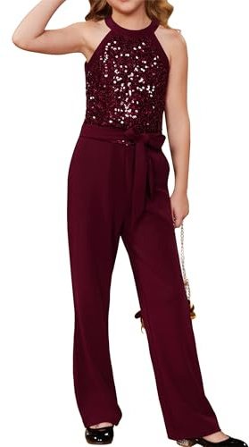 GRACE KARIN Mädchen Pailletten Overall mit Taschen Jazz Dance Disco Party Kostüm Kinder Festliche Kleidung Spielanzug Jumpsuit Rotwein 13-14 Jahre