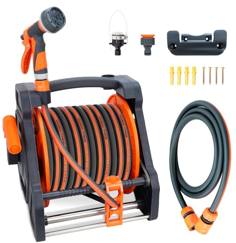 Garden Hose Reels with 30M Hose Pipe Spray Gun Set | Portable Wall Mount or Free Standing Water Reel Storage Holder, 1/2 Heavy Duty Hose with Spray Gun for Gardening Watering