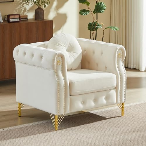 Lin-Utrend Velvet Chesterfield Chair, Mid-Century Modern Single Sofa Chair, Tufted Upholstered Rolled Armchair with Metal Legs for Home Bedroom Reading Room (Beige, Single Chair)