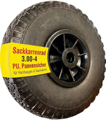 1x Sackkarrenrad Pannensicher VOLLGUMMIREIFEN Ø 260mm, Nabe Ø20×75mm, 3.00-4, für Sackkarren Bollerwagen, Rad Ersatzrad Reifen Räder für Sackkarre Bollerwagenrad Sackkarrenräder Schwarz/Schwarz, PU, W