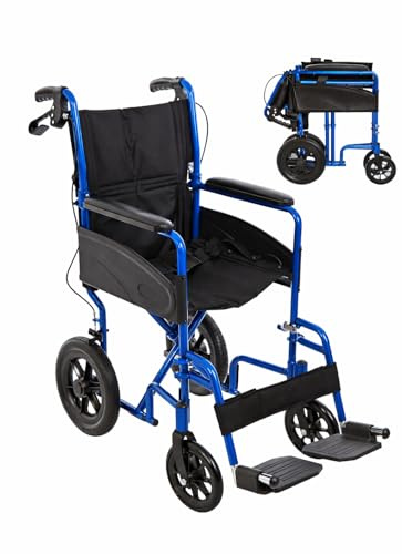Lightweight Aluminium Folding Transit Compact Travel Wheelchair Net Carry Weight Only 9.5kg, Seatbelt, Attendant Brakes, Adjustable Footrests (Blue, Standard)