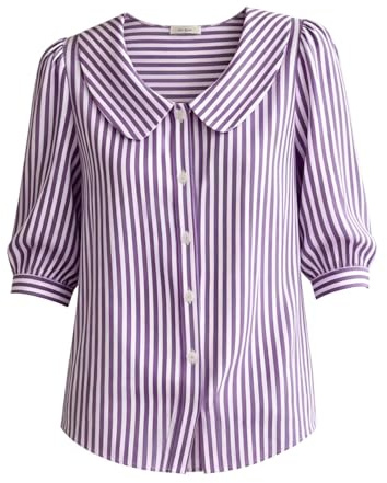 Camisa Abotonada a Rayas para Mujer - Mezcla de algodón y Lino, Cuello Peter Pan, Camiseta de 3/4 Mangas; Resistente a Las Arrugas y sin Planchar (L,Violeta)