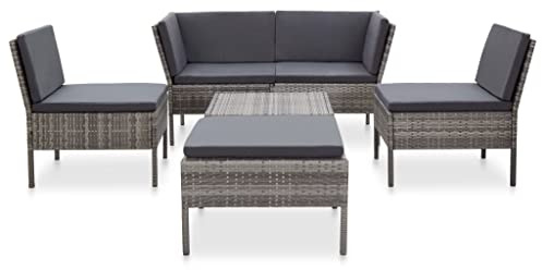 GeenYuu 6-TLG. Garten-Sofagarnitur Poly Rattan Grau mit Auflagen, wetterfestes Lounge-Set für Balkon Terrasse, inkl. Tisch, Hocker, Kissen, modulare Sitzgruppe für Outdoor und Wintergarten