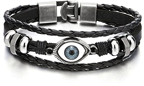 COOLSTEELANDBEYOND DREI Reihen Schwarz Leder Bösen Blick Blatt Charms Armband für Herren Jungen Damen Wickeln Schweißband