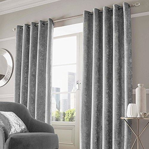 RayyanLinen Readymade Fancy Crushed Velvet Grey Silver Eyelet Ring Top Pair of Curtains Fully Lined Curtains [Width 66 X Drop 54] - Two Panels of Curtain Right and Left