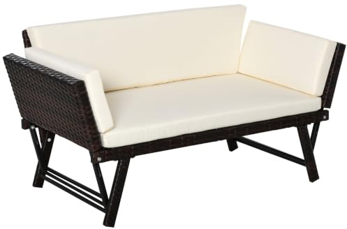 Outsunny Divano 2 Posti Braccioli Estensibili Rattan Bianco, Marrone | Divano Esterno, da Giardino, 29x63x67cm