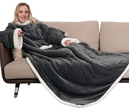 Winthome Kuscheldecke mit Ärmeln Dick, Wolldecke Warm Winter, Sherpa Decke mit Tasche, Fleecedecke Weich Kuschelig, Ärmeldecke für Erwachsene, Geschenke, Sofadecke Heizkosten Sparen (Grau,140x180cm)