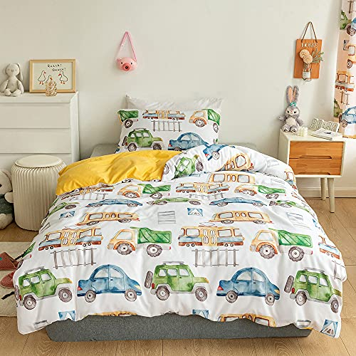 Damier Kinder Jungen Bettwäsche 135x200cm Cartoon Auto Cars Bus Muster 2 teilig Bettbezug Set mit Verdecktem Reißverschluss und Kopfkissenbezug 80 x 80cm