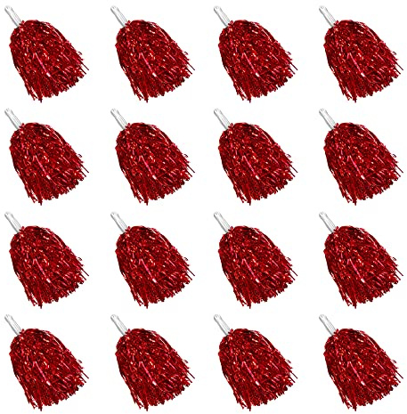 PPXMEEUDC 16PCS Cheerleading Pom Poms Metallic Foil Plastic Pom Poms with Baton Handle for Game Sports Squads Dancing Party Football Basketball Club Spirit Sports Stage Performance Celebration (Red)