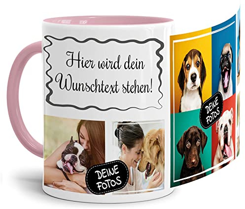 Foto-Tasse selbst gestalten mit Text & Collage für 5 Fotos - Geschenk für Familie, Freunde, Geburtstag, Weihnachten - Keramik Innen & Henkel Rosa, 300 ml I Personalisiert