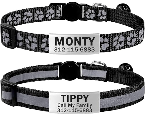TagME 2er Pack Katzenhalsband mit Namen und Telefonnummer, Katzenhalsband mit Sicherheitsverschluss und glöckchen, 15-20 cm für Kätzchen, Schwarz