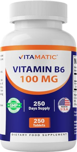 Vitamatic Vitamin B6 (Pyridoxine HCI), 100mg 250 Vegetarian Tablets - Promotes Energy Production, boosts Metabolism and Immune Health Support