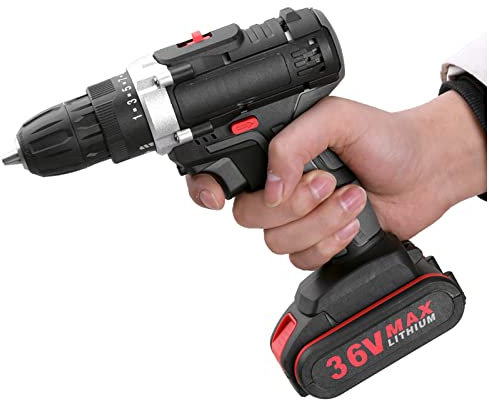 Kit de perceuse-visseuse sans fil portable 36 V avec 2 vitesses variables, 25 + 1 réglages de couple, couple de 280 pouces-livres, capacité de mandrin de 3/8, lumière LED intégrée