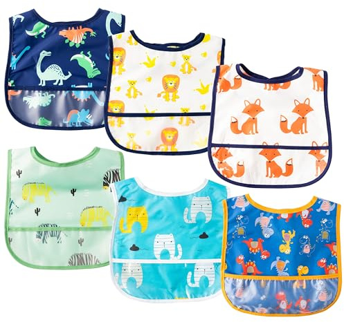2ooya 6Pcs Waterproof Toddler Bibs Baby Feeding Bib Set with Crumb Catcher Pocket Infant Adjustable Baby Teething Bib Babies Sleeveless Animals Food Bibs Keepsake Gift for Baby Shower, 6-24 Months