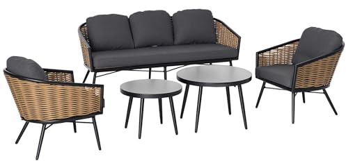 Outsunny Polyrattan Gartenmöbel Set 5-teiliges Rattensofa-Set Sitzgruppe Sitzgarnitur für Pause Lounge Teetisch mit Sofa Kissen Aluminium Natur