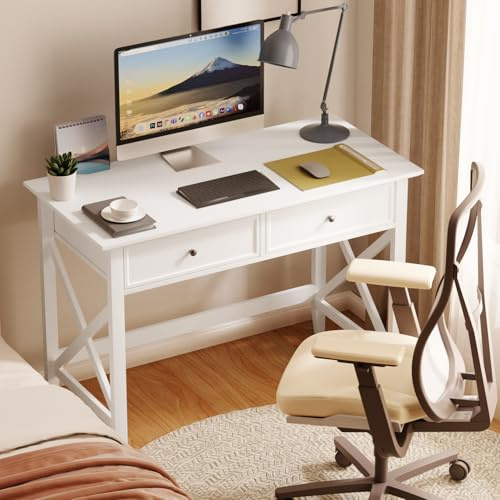 Lewahom White Computer Desk with 2 Drawers, Modern Makeup Vanity Desk with Storage, Writing Desk for Home Office, 42'' Long Study Simple White Desk for Bedroom Console Table Living Room