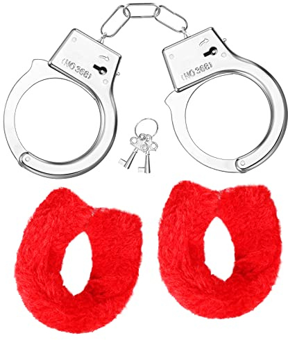SATINIOR Fesseln Handschellen mit 2 Schlüsseln Plüsch Handschellen für Sex für Paare Polizei Kostüm Accessoires für Kinder Party Cosplay Zubehör(Plüsch Stil,Rot)