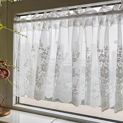 A.Monamour Gardine Scheibengardinen Kurzstores Weiße Blumen Stickerei Spitze Transparenter Voile Vorhang Kurzvorhang Kurzgardinen Küchengardine Küche Vorhang Fenster Kurz Stores Bistrogardine