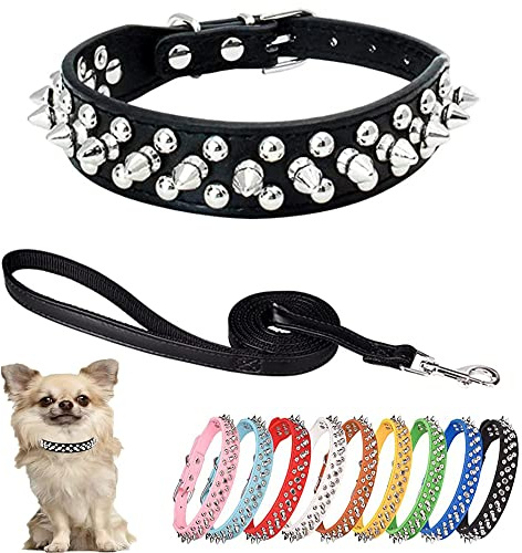 HimyBB Hundehalsband und Leine mit Nieten, verstellbar, PU-Leder, Haustierhalsband und Leinen, Schwarz, Größe XXL