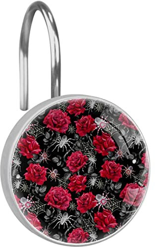 Set di 12 ganci per tenda da doccia a forma di ragno e rose, ganci a doppio scorrimento per aste da doccia per tende da bagno