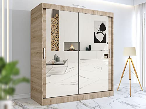 RAC3 Wardrobes for Bedroom with Mirrored Sliding Door & LED Light Premium Wardrobe Storage with Sleek Design comes in Colours Black/White/Grey/Oak- Different Sizes from 120cm - 250cm (Oak, 180cm)