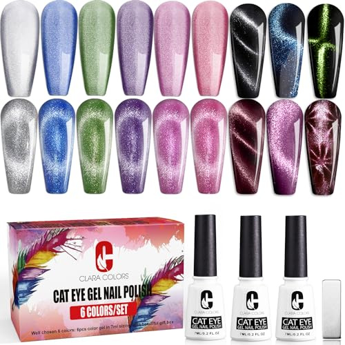 Clara Colors Lot de 6 vernis gel magnétiques pour les yeux de chat avec 1 bâton magnétique pour la maison, le bricolage, le Soak Off UV LED, manucure, salon de manucure