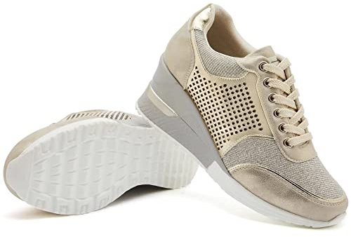 GYCS Sneakers Zeppa Donna Scarpe da Ginnastica Basse Sport Fitness Trainers Tacco 8CM Outdoor Tennis Fitness Scarpe Casual,d'oro,38EU