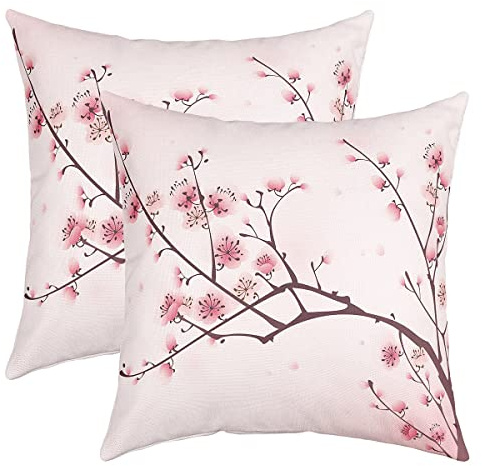 Style Japonais Taie d'oreiller 55x55cm Lot De 2 Soft Cerises Fleurs Housse de Coussin pour Le Salon Chambre à Canapéer Housse Coussin Fleurs de Cerisier Décor Taie Oreiller pour canapé Chaise