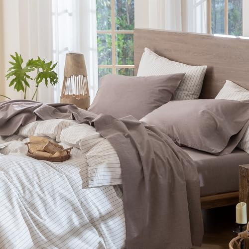 MooMee Bedding Sheet Set 100% Washed Cotton Linen Like Textured Breathable Durable Soft Comfy (Heathered Mauve Brown, Queen)