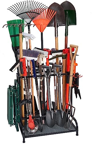 Garden Tool Organizer, Yard Tools Rack Holds 55 Long-Handled Tools/Rakes/Brooms for Garage Organization and Storage, Shed, Outdoor, Lawn, Heavy-Duty Steel, Black, Easy Assembly