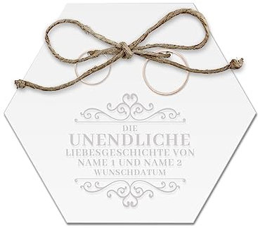 Acrylglas Ringkissen personalisiert zur Hochzeit Standesamt mit Lasergravur mit individuellen Namen und Datum klein und modern - Liebesgeschichte
