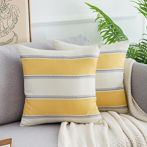 Kissenbezug 40x40 Baumwolle Leinen Kissenhülle Sofakissen 2er Set Streifen Dekokissen Boho Deko Moderne Quadratische Couchkissen Kissen für Sofa Bett Couch Schlafzimmer Wohnzimmer Gelb Hellgrau