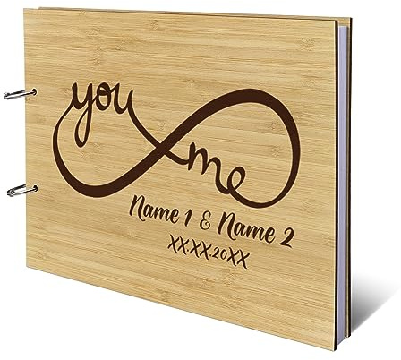 Personalisiertes Hochzeit Gästebuch echtes Holz DIN A4 Hochzeitsbuch mit Lasergravur - you and me - mit 72 Blatt / 144 Seiten Naturpapier Weiß