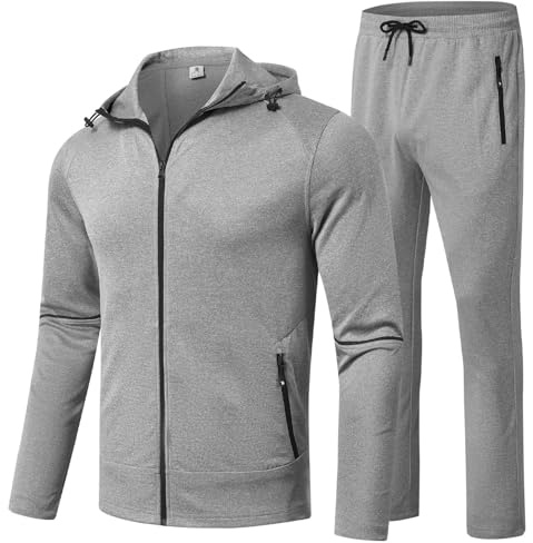 BGOWATU Men's Tracksuits Set Fall Winter Jacket Hoodie Sweatsuit Running Sport Pants Jogging Suits with Pockets Light Grey XL