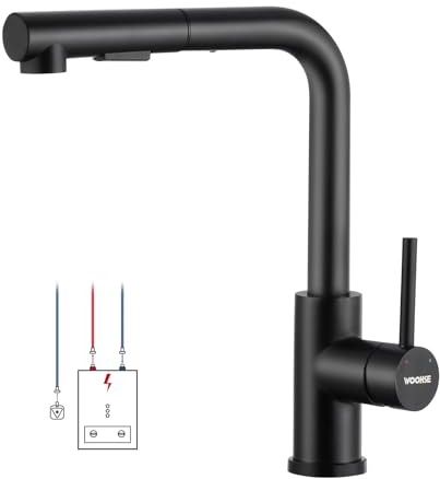 Grifo de cocina extensible de baja presión, grifo de cocina WOOHSE negro con ducha de 2 chorros, giratorio 360°, grifo de cocina de baja presión con 3 conexiones para caldera, grifo de fregadero de