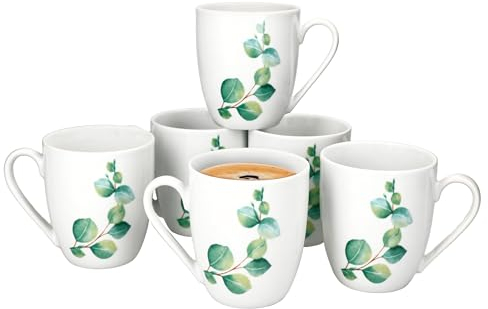 MamboCat Eucalyptus Lot de 6 tasses à café 340 ml, hauteur 10,5 cm, gobelets en porcelaine blanche avec anse pour 6 personnes