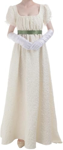 FCCAM Robes longues vintage Regency Jane Austen pour femmes, Robe de bal victorienne avec gants, Robe taille empire, beige, L
