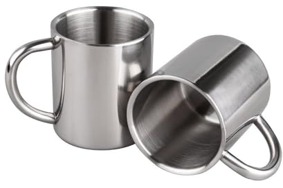 PIQIUQIU Confezione da 2 tazze da caffè in acciaio inox da 220 ml con manico, a doppia parete, per mantenere le bevande calde o fredde, isolate, da viaggio, tazze da caffè e acqua