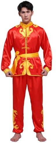 BK FASO Mens Kung Fu Suit Chinese Martial Arts Performance Shirt Pant Set Traditional Tang Costume, Red, L