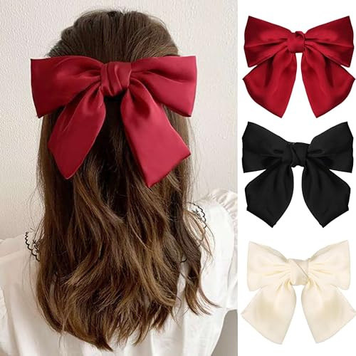 3 Damen-Haarklammer mit Schleife, Haarklammer aus Französischem Stoff für Frauen, Haarspangen mit Schleife, eleganter Satin-Haarschmuck für Mädchen (Schwarz + Rot+weiß)