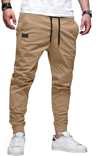 PLEPAN Mens Casual Cargo Joggers - Cotton Drawstring Chino Pants Hiking Outdoor Twill Track Jogging Sweatpants Dark Khaki