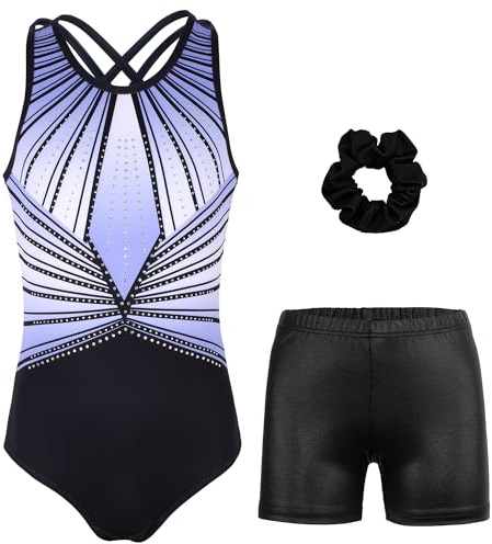 MODAFANS Gymnastics Leotards for Girls with Shorts Sparkly Set Cross Back Activewear 12-13Years,Bluish-black Diamond