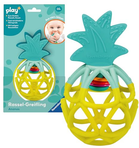 Ravensburger 4869 Play+ Rassel-Greifling: Ananas, Zahnungshilfe Baby aus Silikon, Greifball, Baby-Spielzeug ab 0 Monate, kleines Geschenk