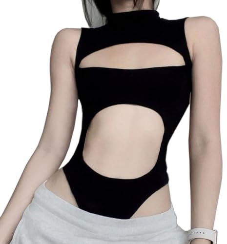 SINROYEE Sexig Ihålig Dam Bodysuit Sommar Streetwear Outfit Gotisk Jumpsuit T-shirt Kortärmad Ärmlös (Storlek: Large), Svart 1, L