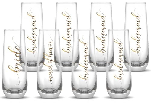 LADY&HOME Bridesmaid Stemless Champagne Flutes Set of 8,9.4oz Champagne Glasses for Bride Bridesmaid,Mimosa Glasses Set for Bridal Shower Gifts Bridesmaid Favors (Set of 8:Bridesmaid)