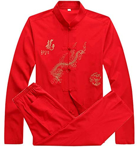 FGDIUCVN Kampfsportbekleidung Herren Kampfsport Set Kung Fu Uniform Tang Anzug mit Drachenmuster,Rot,L