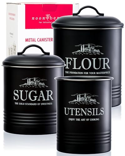 noonberry Kitchen Canisters for Countertop – 3-Piece Airtight Canister Set for the Kitchen Counter with Utensil Holder – Flour Sugar Containers – Matte Black Finish